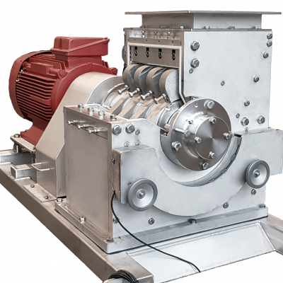 Schneidmühle CM 342 in Edelstahl, Ansicht von rechts, mit rotem Direktantrieb