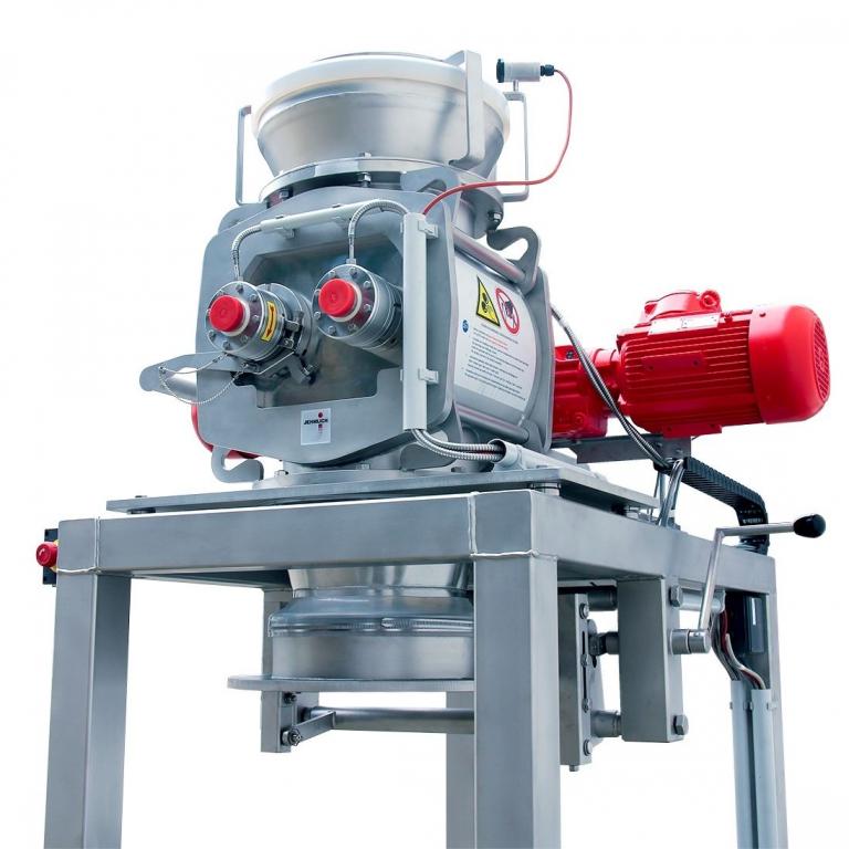 Walzenbrecher für Produktaufgabe und Produktaustrag über Fässer, Darstellung ohne Fässer