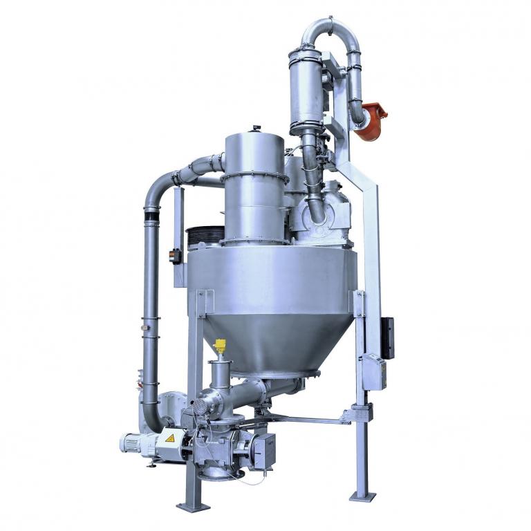 Mahlanlage zur Zuckervermahlung mit Stiftmühle auf einem Pufferbehälter mit Rührwerk und Austragsschnecke