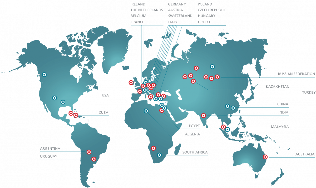 World map with references to mills in various countries