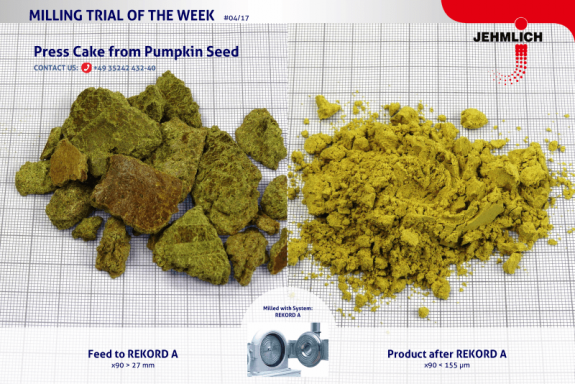 Representation of pumpkin seed press cake in its initial state and after grinding